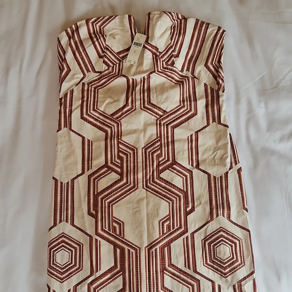 Anthropologie Strapless Geometric Dress in Cream and Brown - Picture 6 of 9